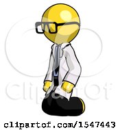 Yellow Doctor Scientist Man Kneeling Angle View Left