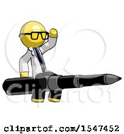 Yellow Doctor Scientist Man Riding A Pen Like A Giant Rocket