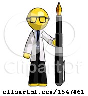 Poster, Art Print Of Yellow Doctor Scientist Man Holding Giant Calligraphy Pen