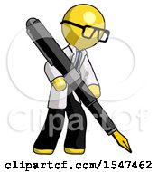 Yellow Doctor Scientist Man Drawing Or Writing With Large Calligraphy Pen