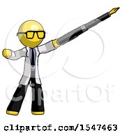 Yellow Doctor Scientist Man Pen Is Mightier Than The Sword Calligraphy Pose