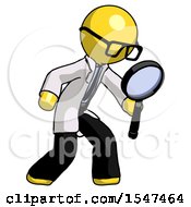 Poster, Art Print Of Yellow Doctor Scientist Man Inspecting With Large Magnifying Glass Right