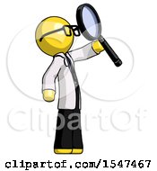 Poster, Art Print Of Yellow Doctor Scientist Man Inspecting With Large Magnifying Glass Facing Up