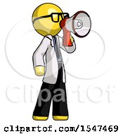 Poster, Art Print Of Yellow Doctor Scientist Man Shouting Into Megaphone Bullhorn Facing Right