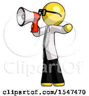 Poster, Art Print Of Yellow Doctor Scientist Man Shouting Into Megaphone Bullhorn Facing Left