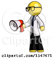 Poster, Art Print Of Yellow Doctor Scientist Man Holding Megaphone Bullhorn Facing Right