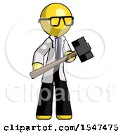 Poster, Art Print Of Yellow Doctor Scientist Man With Sledgehammer Standing Ready To Work Or Defend