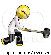 Poster, Art Print Of Yellow Doctor Scientist Man Hitting With Sledgehammer Or Smashing Something