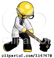 Yellow Doctor Scientist Man Hitting With Sledgehammer Or Smashing Something At Angle