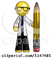 Poster, Art Print Of Yellow Doctor Scientist Man With Large Pencil Standing Ready To Write