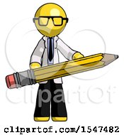Poster, Art Print Of Yellow Doctor Scientist Man Writer Or Blogger Holding Large Pencil