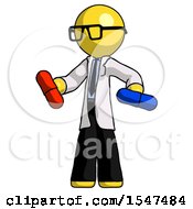 Poster, Art Print Of Yellow Doctor Scientist Man Red Pill Or Blue Pill Concept