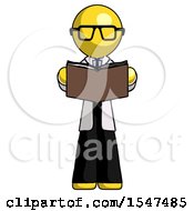 Poster, Art Print Of Yellow Doctor Scientist Man Reading Book While Standing Up Facing Viewer