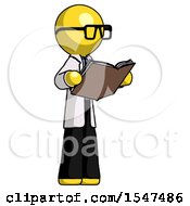 Poster, Art Print Of Yellow Doctor Scientist Man Reading Book While Standing Up Facing Away