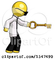 Poster, Art Print Of Yellow Doctor Scientist Man With Big Key Of Gold Opening Something