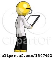 Poster, Art Print Of Yellow Doctor Scientist Man Looking At Tablet Device Computer Facing Away