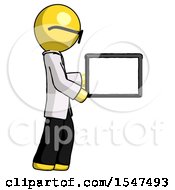 Poster, Art Print Of Yellow Doctor Scientist Man Show Tablet Device Computer To Viewer Blank Area