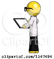 Poster, Art Print Of Yellow Doctor Scientist Man Looking At Tablet Device Computer With Back To Viewer