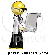 Poster, Art Print Of Yellow Doctor Scientist Man Holding Blueprints Or Scroll