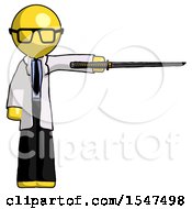 Yellow Doctor Scientist Man Standing With Ninja Sword Katana Pointing Right