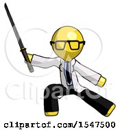 Yellow Doctor Scientist Man With Ninja Sword Katana In Defense Pose