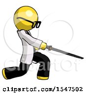 Yellow Doctor Scientist Man With Ninja Sword Katana Slicing Or Striking Something