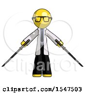 Yellow Doctor Scientist Man Posing With Two Ninja Sword Katanas