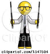 Yellow Doctor Scientist Man Posing With Two Ninja Sword Katanas Up