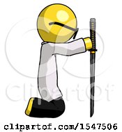 Poster, Art Print Of Yellow Doctor Scientist Man Kneeling With Ninja Sword Katana Showing Respect