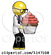 Poster, Art Print Of Yellow Doctor Scientist Man Holding Large Cupcake Ready To Eat Or Serve