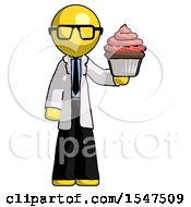 Poster, Art Print Of Yellow Doctor Scientist Man Presenting Pink Cupcake To Viewer