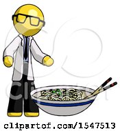 Poster, Art Print Of Yellow Doctor Scientist Man And Noodle Bowl Giant Soup Restaraunt Concept