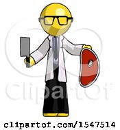 Poster, Art Print Of Yellow Doctor Scientist Man Holding Large Steak With Butcher Knife