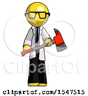 Poster, Art Print Of Yellow Doctor Scientist Man Holding Red Fire Fighters Ax