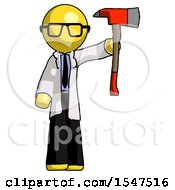 Poster, Art Print Of Yellow Doctor Scientist Man Holding Up Red Firefighters Ax