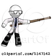 White Doctor Scientist Man Bo Staff Pointing Right Kung Fu Pose
