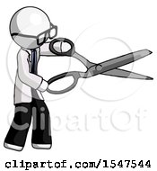White Doctor Scientist Man Holding Giant Scissors Cutting Out Something