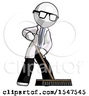 White Doctor Scientist Man Cleaning Services Janitor Sweeping Floor With Push Broom