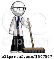 White Doctor Scientist Man Standing With Industrial Broom