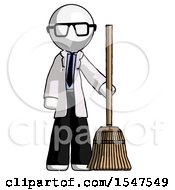 White Doctor Scientist Man Standing With Broom Cleaning Services
