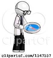 White Doctor Scientist Man Looking At Large Compass Facing Right