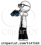 White Doctor Scientist Man Holding Binoculars Ready To Look Left