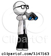 White Doctor Scientist Man Holding Binoculars Ready To Look Right