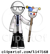 White Doctor Scientist Man Holding Jester Staff