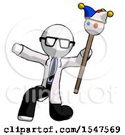 White Doctor Scientist Man Holding Jester Staff Posing Charismatically