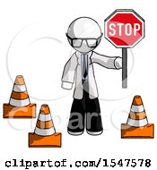 Poster, Art Print Of White Doctor Scientist Man Holding Stop Sign By Traffic Cones Under Construction Concept