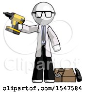 Poster, Art Print Of White Doctor Scientist Man Holding Drill Ready To Work Toolchest And Tools To Right