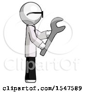 White Doctor Scientist Man Using Wrench Adjusting Something To Right