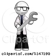 White Doctor Scientist Man Holding Large Wrench With Both Hands
