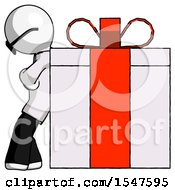 White Doctor Scientist Man Gift Concept Leaning Against Large Present